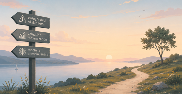 Illustration of a calm path leading away from current hype