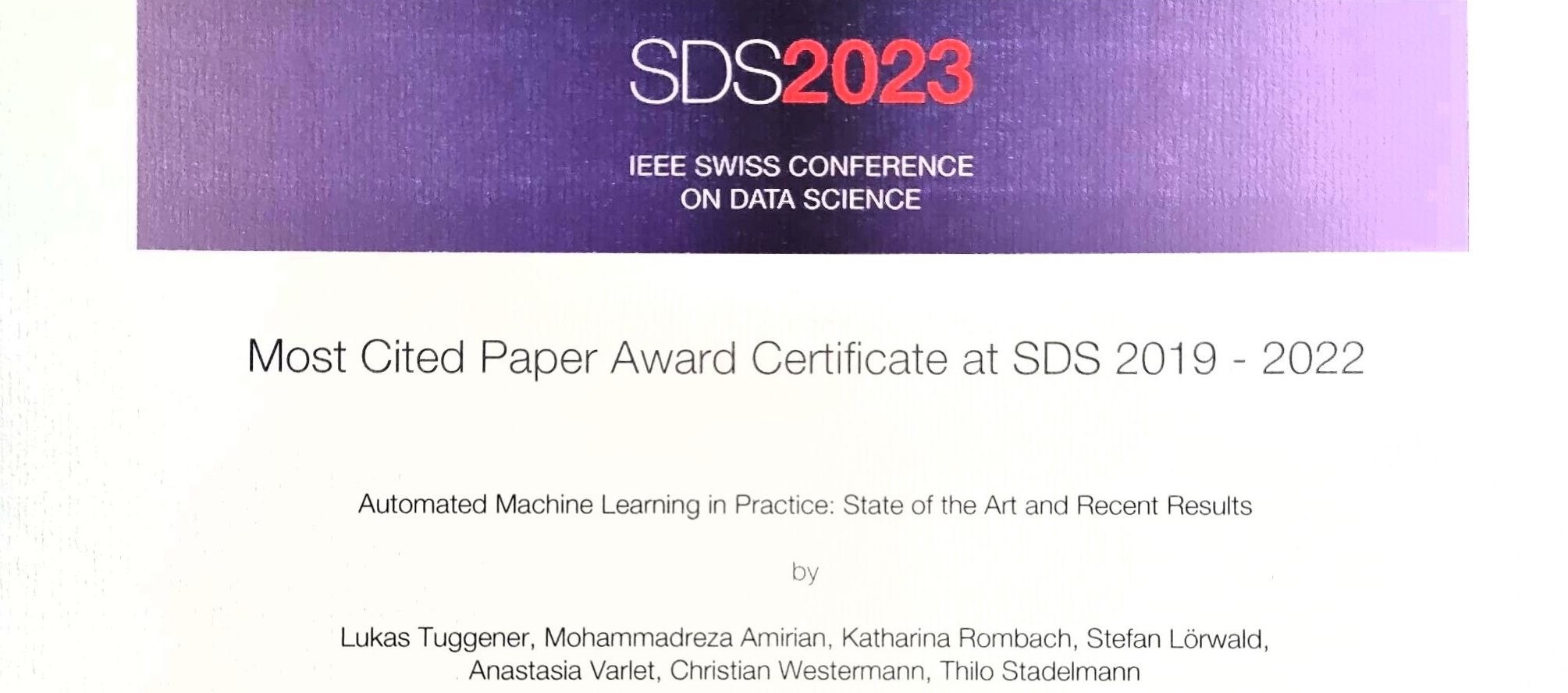 Our work won the Most Cited Paper Award at SDS 2023