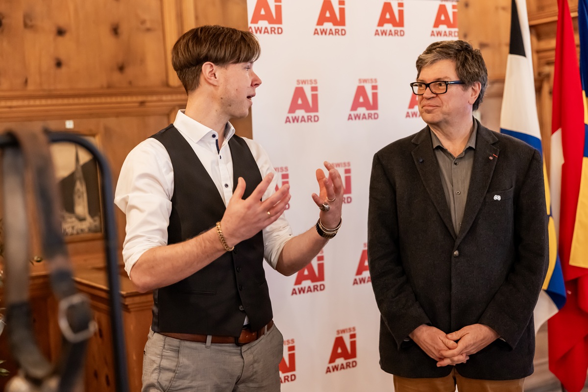 Thilo Stadelmann and Yann LeCun discussing world models and cowbell blues at the Swiss AI Award 2023 ceremony in Davos, Switzerland